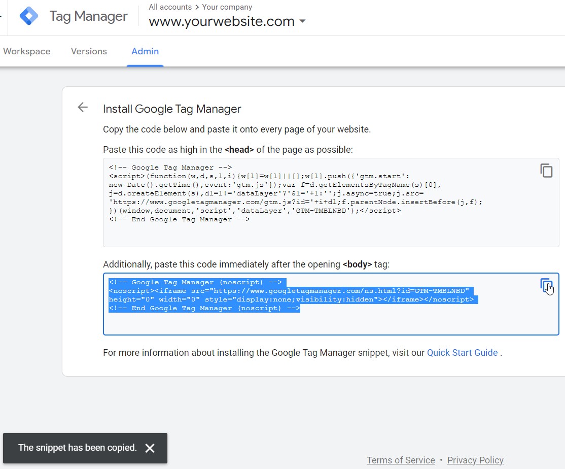 Google Tag Manager second snippet code