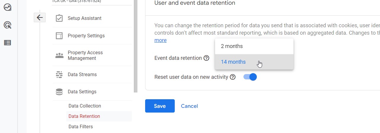 GA4 User event data retention.
